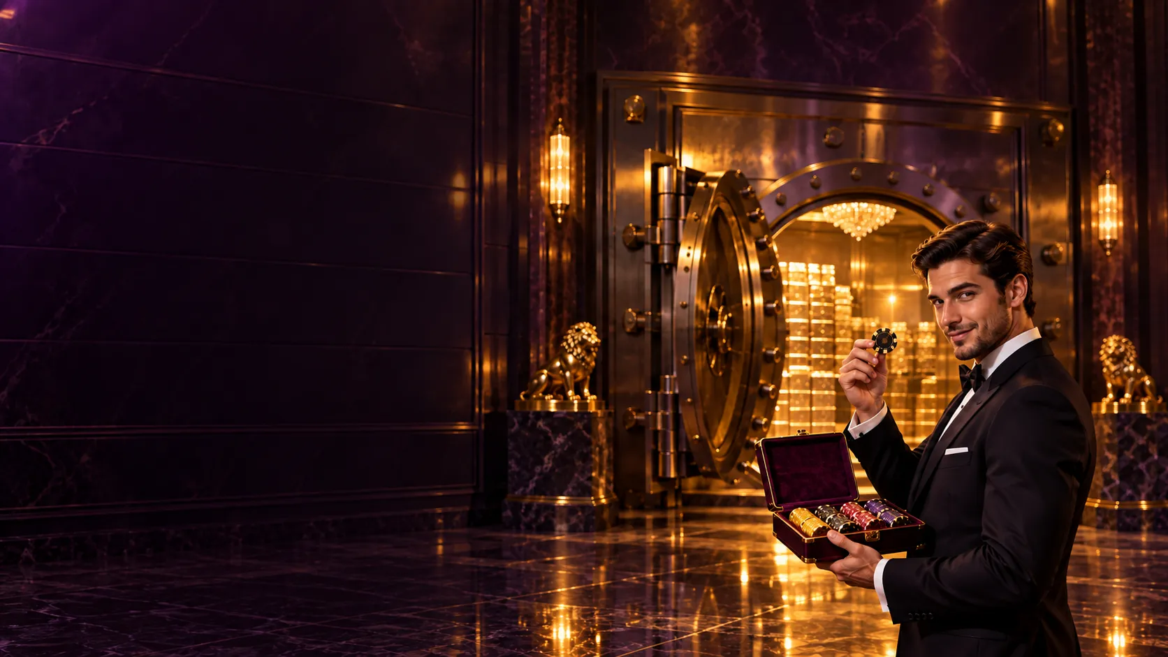 Man in a tuxedo opening a velvet box of casino chips in a gold vault
