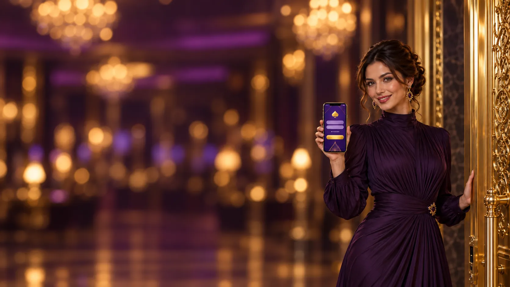 A woman in a violet evening gown stepping through a golden casino doorway, holding a phone that shows the Here2Win Casino sign-in screen