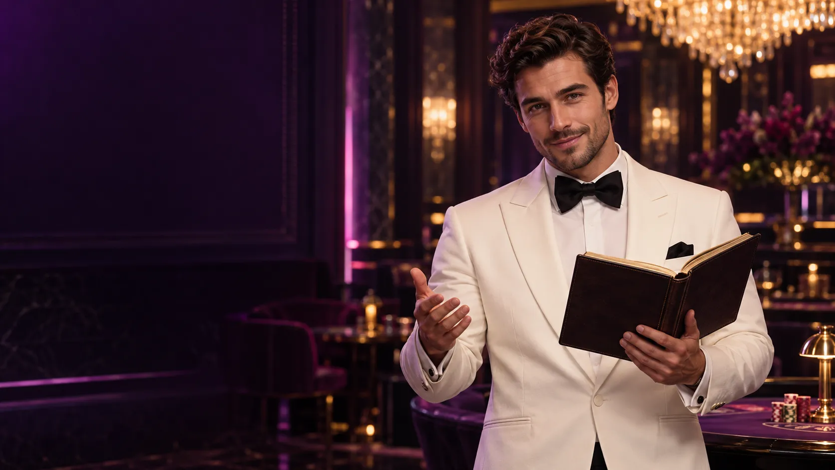 Man in a white dinner jacket holding an open leather guidebook, echoing quick answers for Here2Win Casino players
