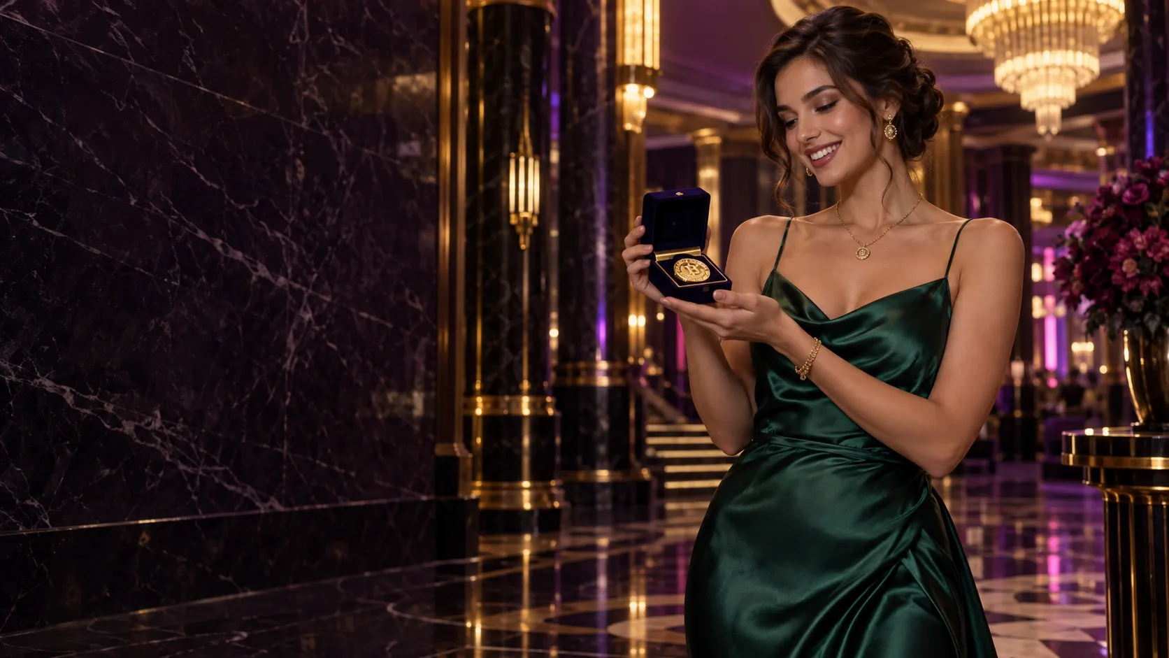 Woman in an emerald dress holding an open velvet award box in a marble foyer
