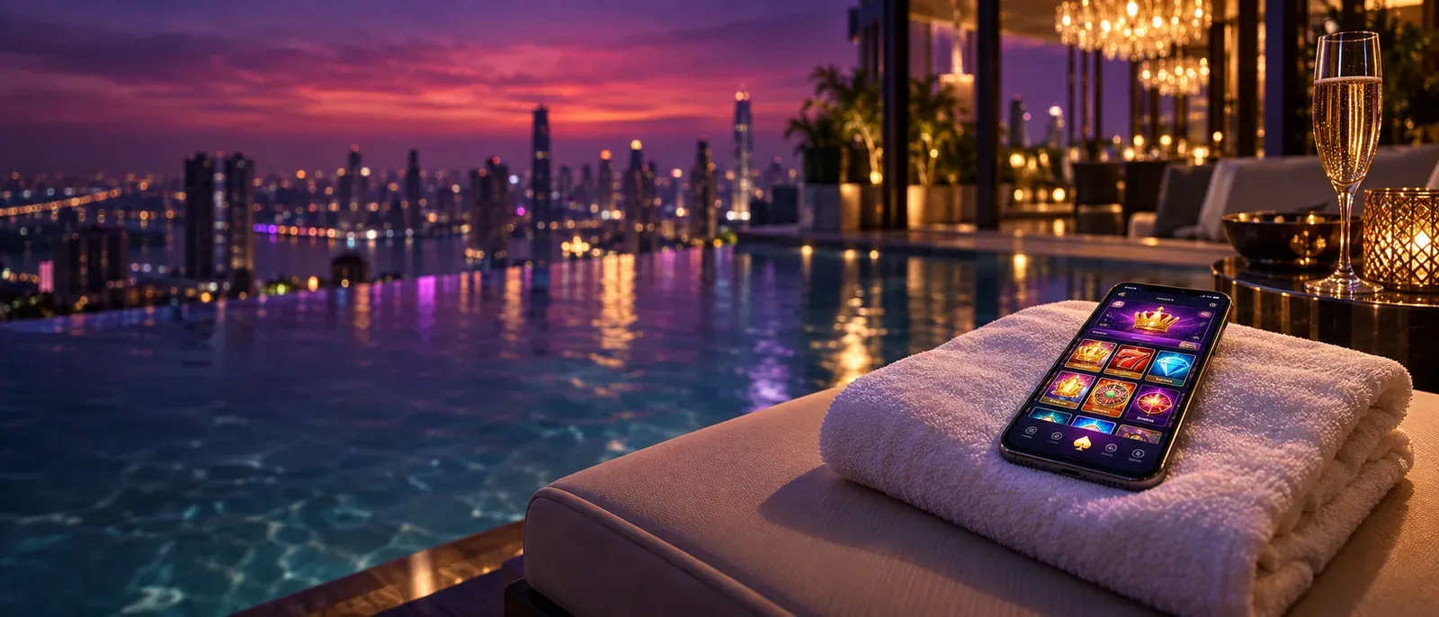 A smartphone glowing with a casino lobby screen on a poolside lounger