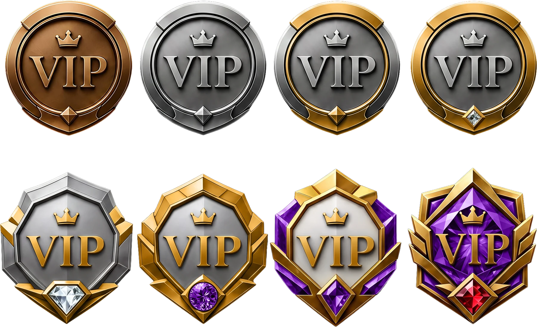 Set of Here2Win Casino reward badges in bronze, silver and gold